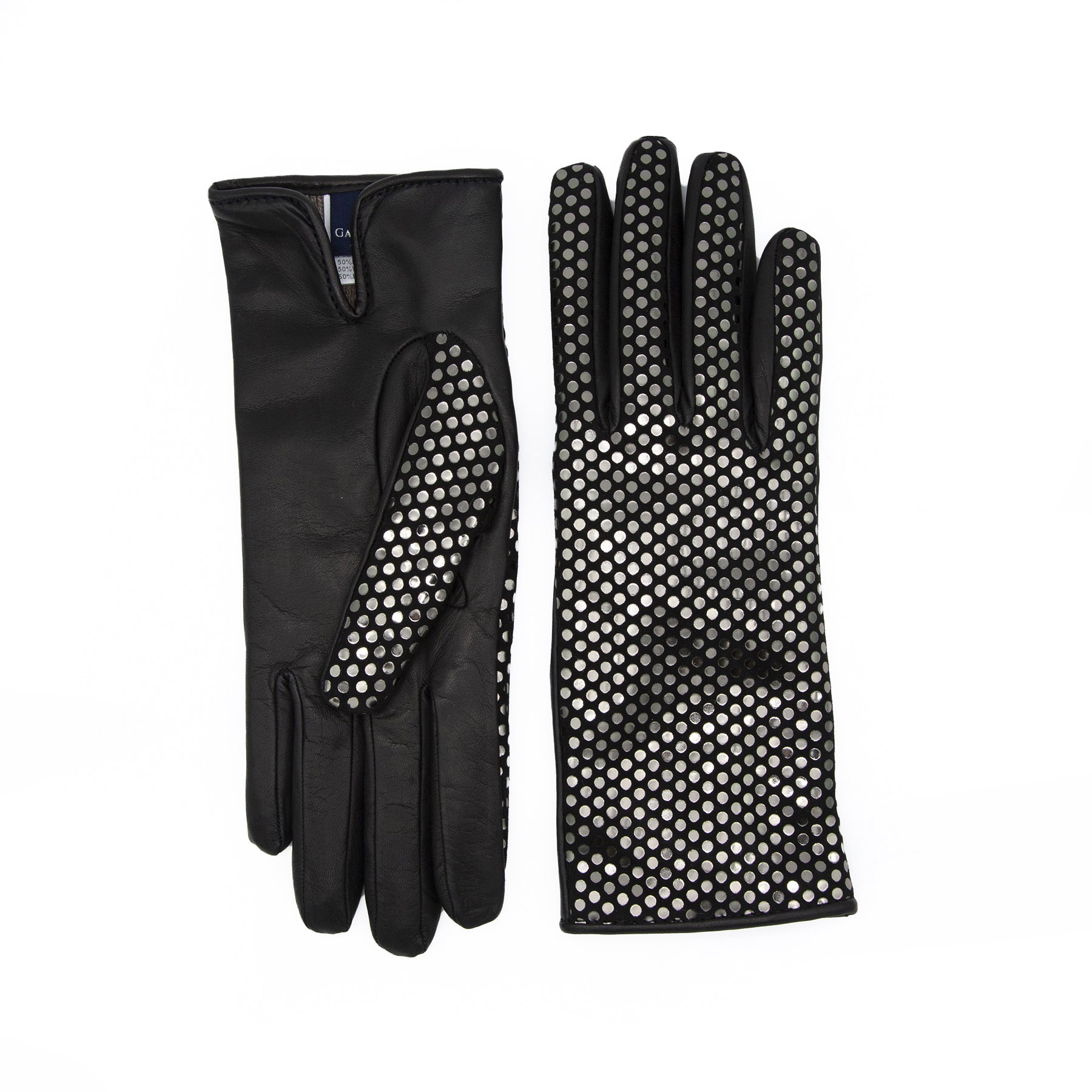 Women's black nappa leather gloves with a polka dot suede back