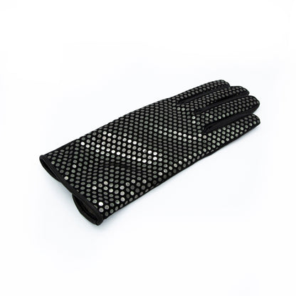 Women's black nappa leather gloves with a polka dot suede back