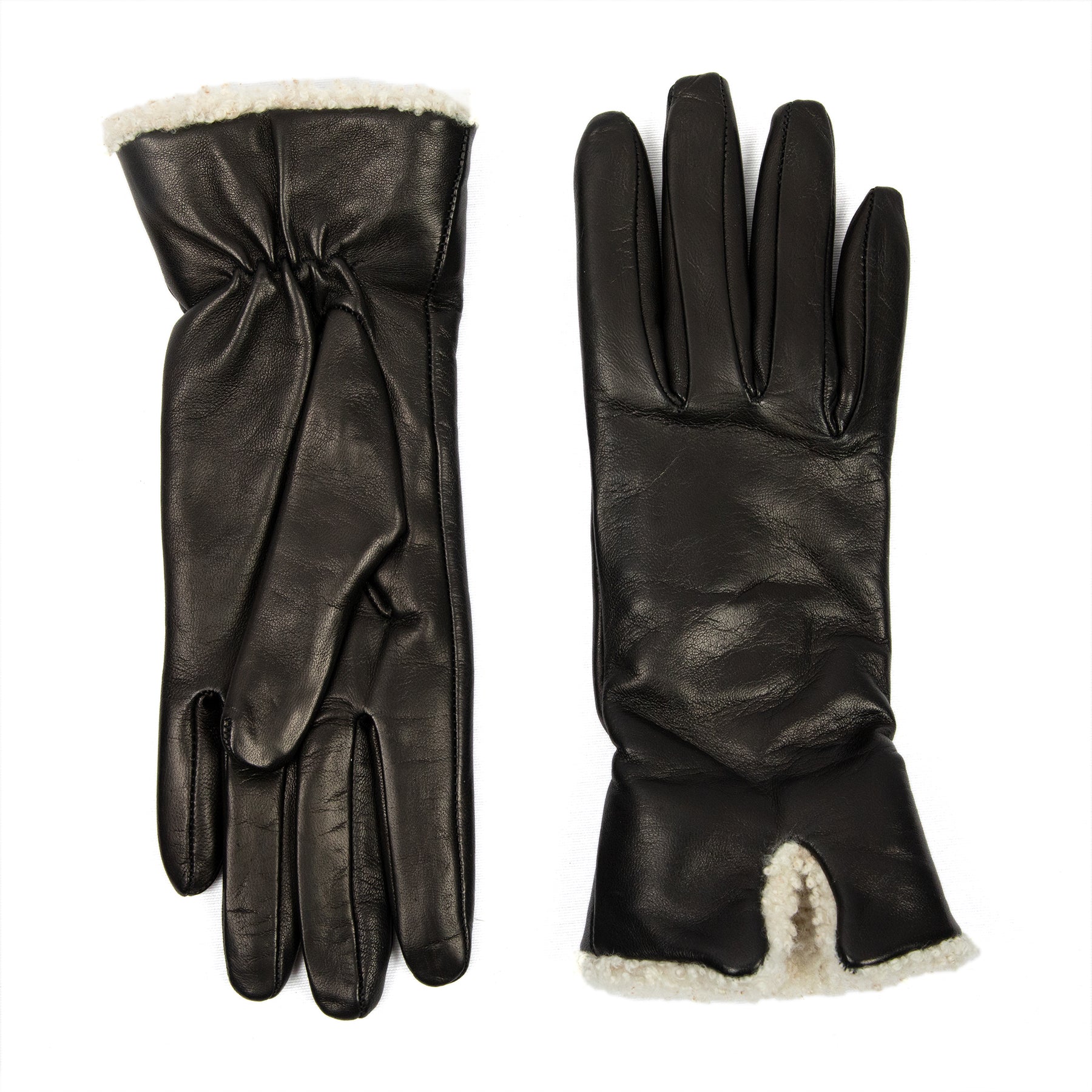 Women's black nappa leather gloves with shearling cuff