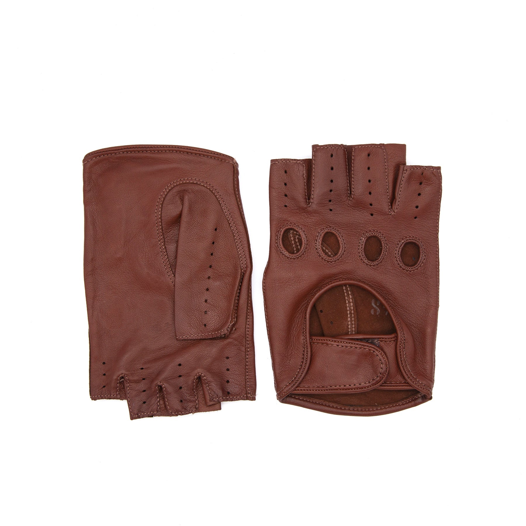 Men's cognac leather half fingers driving gloves with strap closure