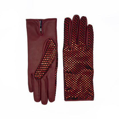 Women's bordeaux nappa leather gloves with a polka dot suede back