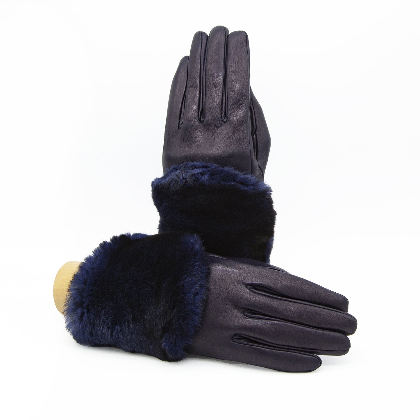 Women's blue nappa leather gloves with a wide real fur panel on the top and cashmere lined