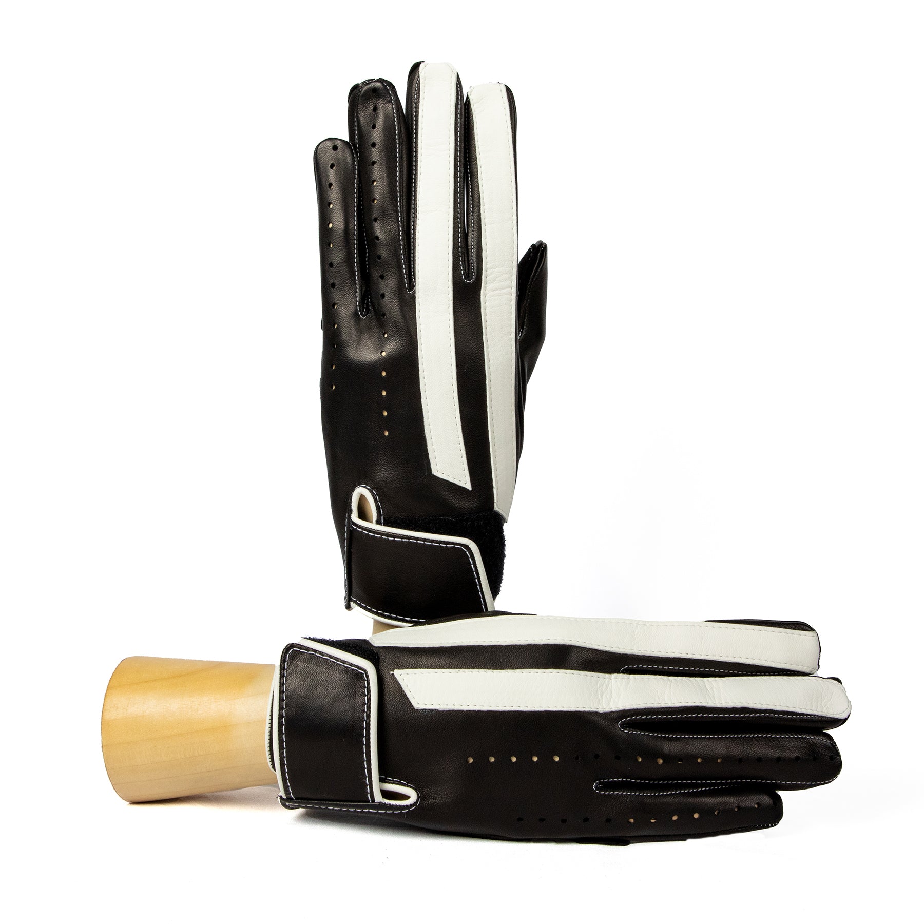 Men's unlined driving gloves in black nappa leather with white leather strips