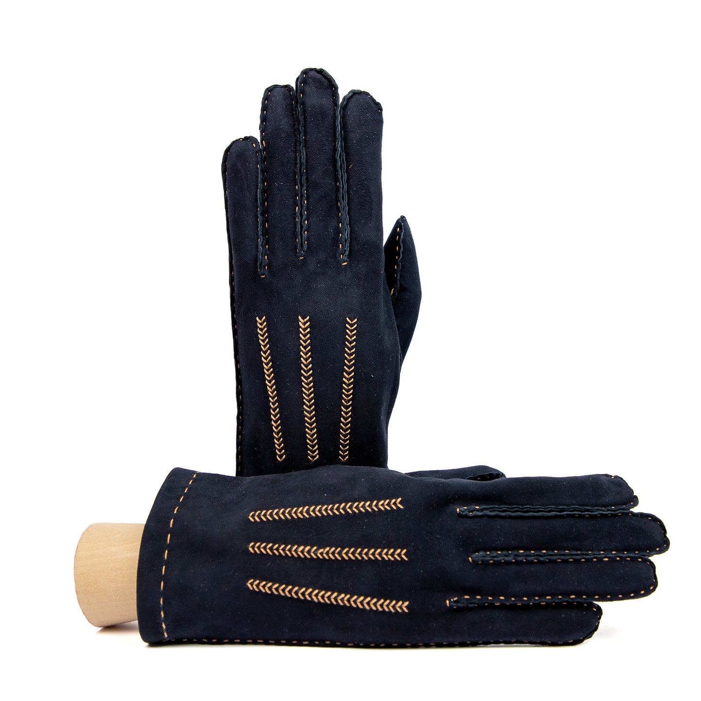 Women's classic blue suede leather gloves entirely hand-sewn with cashmere lining