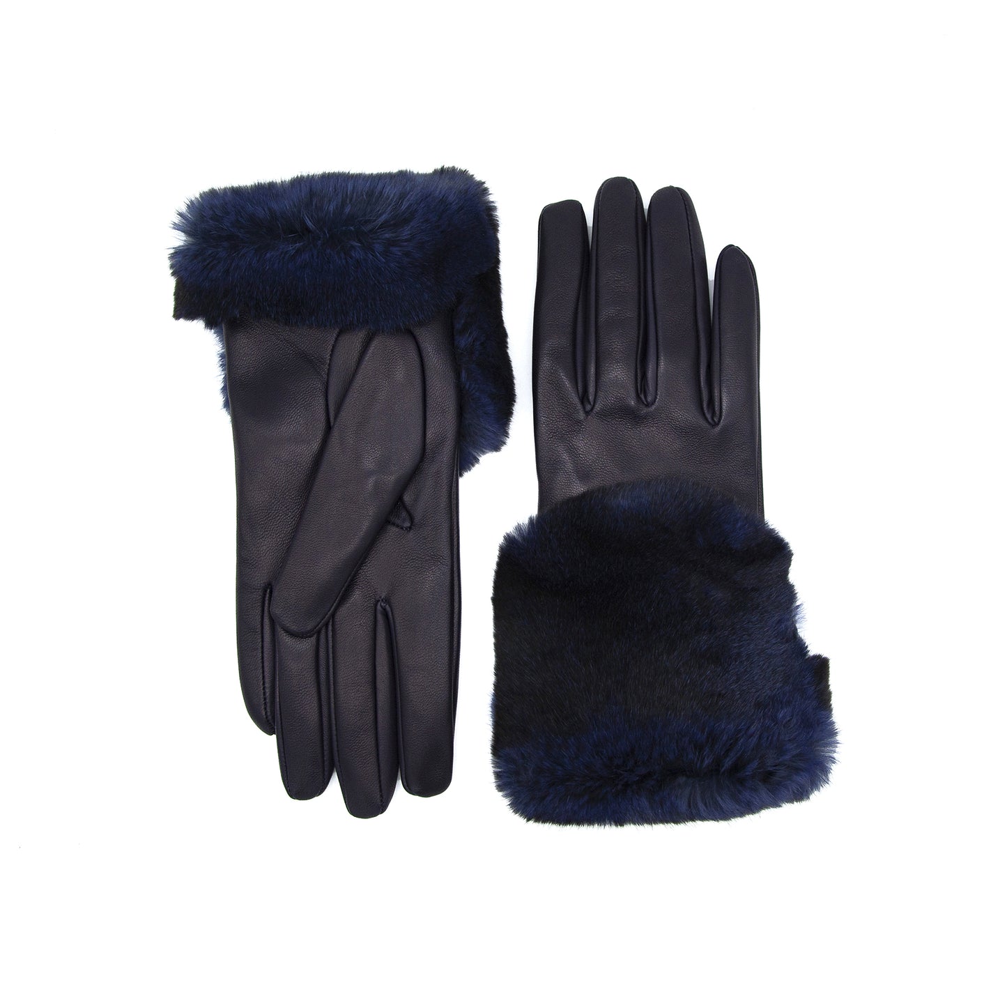 Women's blue nappa leather gloves with a wide real fur panel on the top and cashmere lined