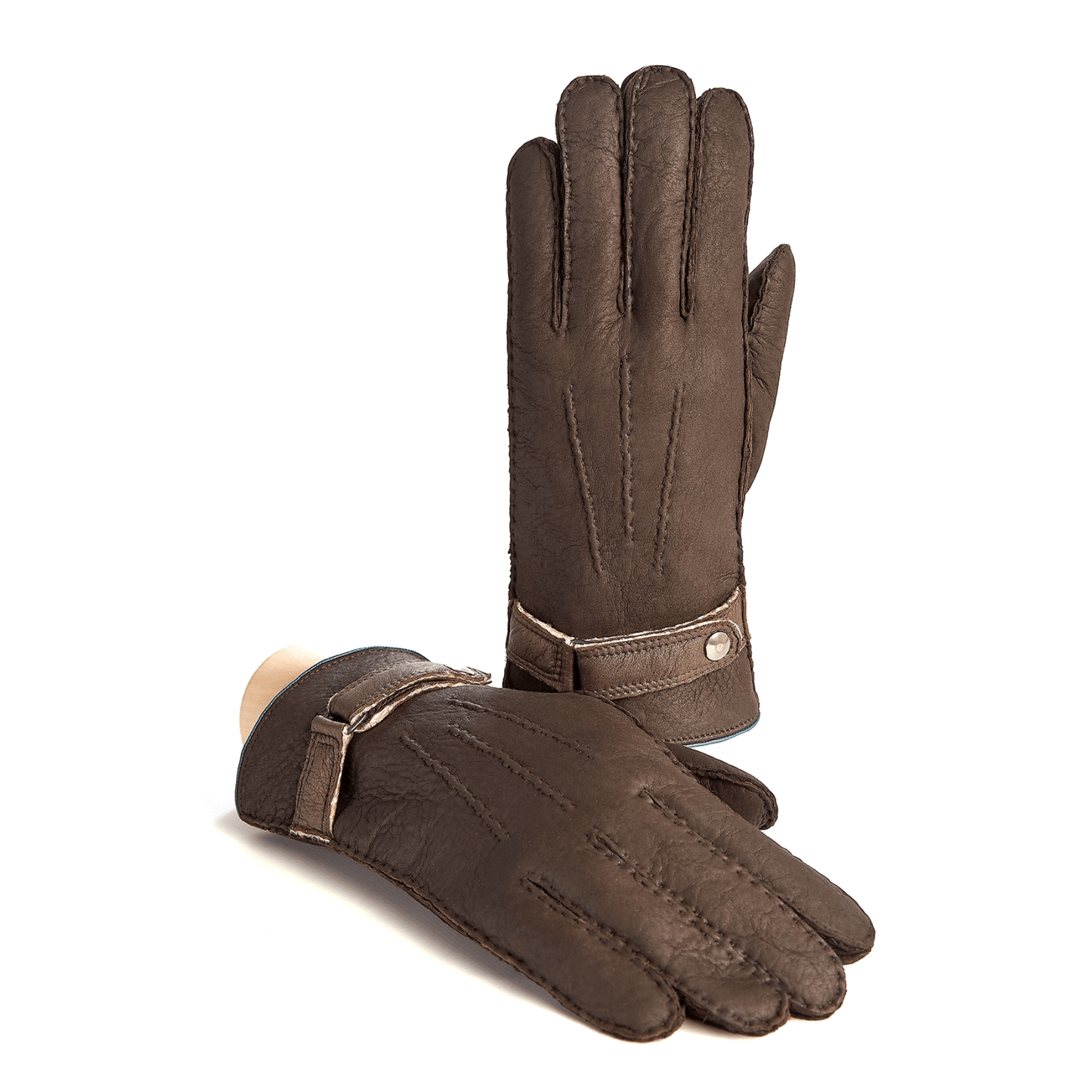 Men's curly lambskin gloves in brown color with metallic lambskin strap details