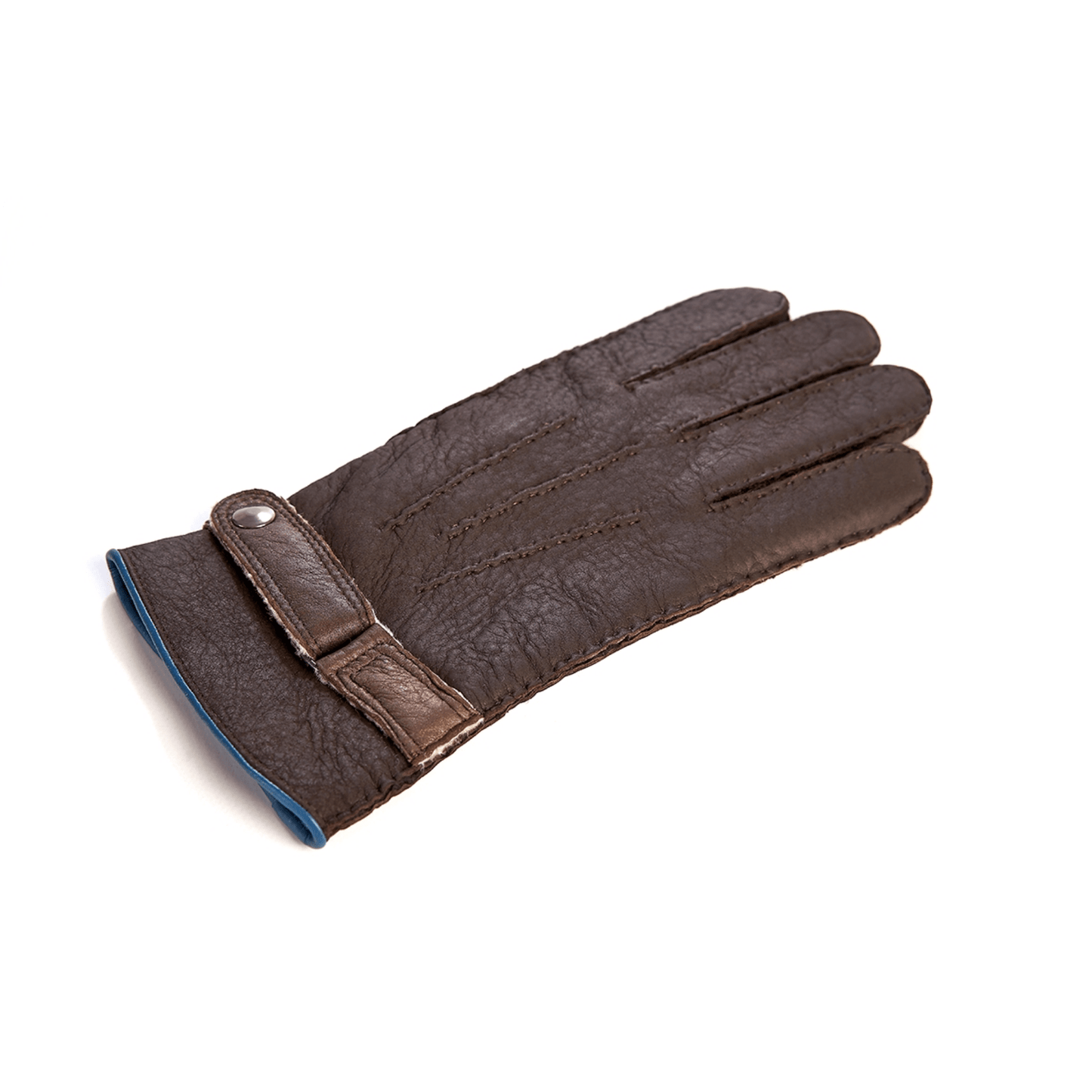 Men's curly lambskin gloves in brown color with metallic lambskin strap details