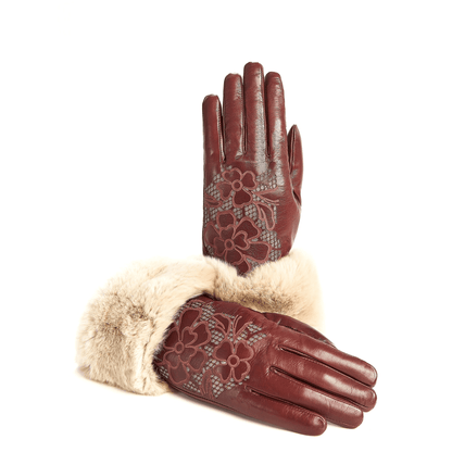 Women's cashmere lined bordeaux sheepleather gloves with flower laser cut details on top and real fur cuff