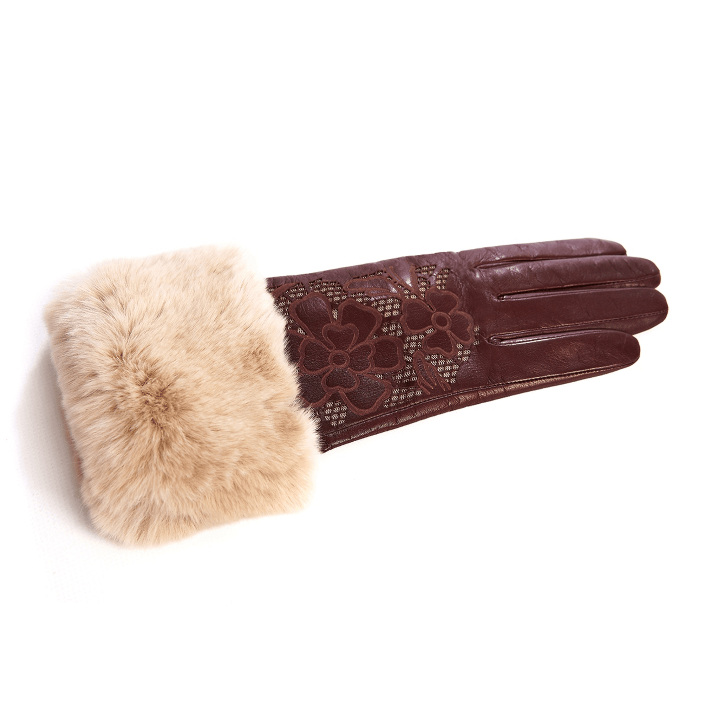 Women's cashmere lined bordeaux sheepleather gloves with flower laser cut details on top and real fur cuff
