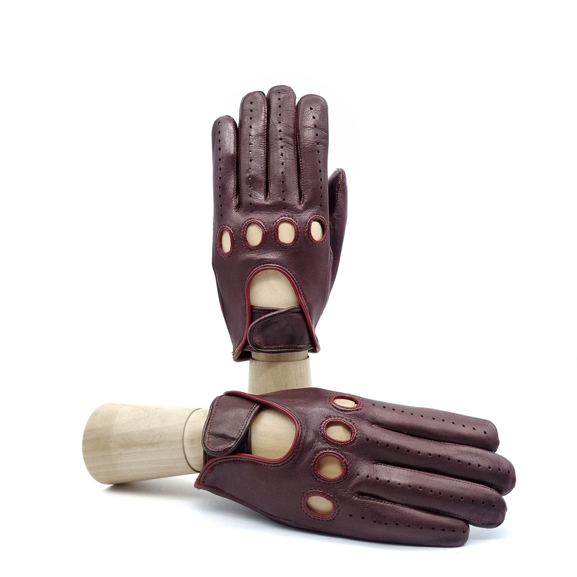 Men's bordeaux leather driving gloves with strap closure
