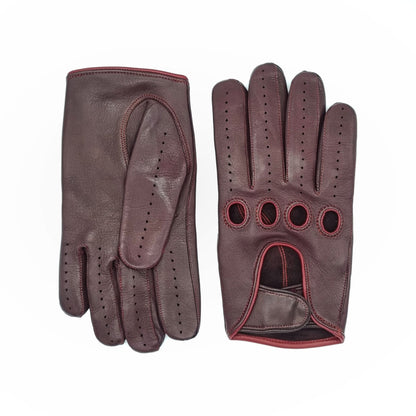 Men's bordeaux leather driving gloves with strap closure