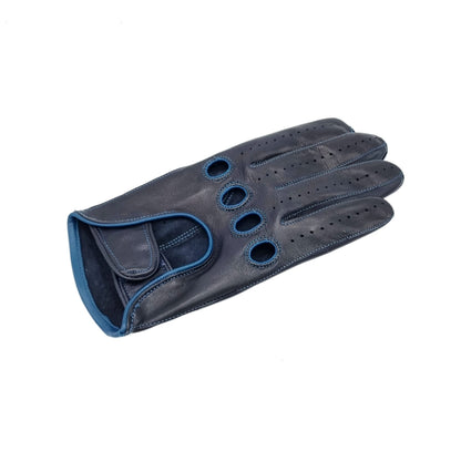 Men's blu leather driving gloves with strap closure