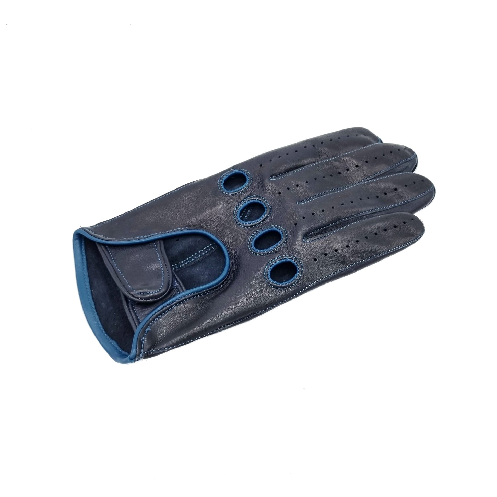 Men's blu leather driving gloves with strap closure