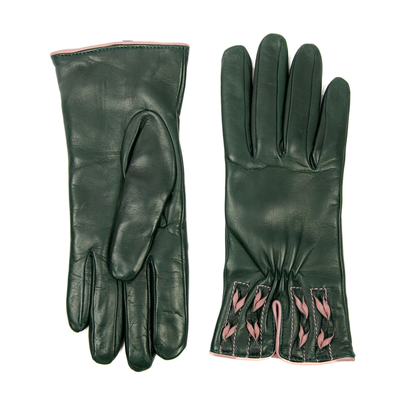 Woman's green nappa leather gloves and bicolour braided cuff
