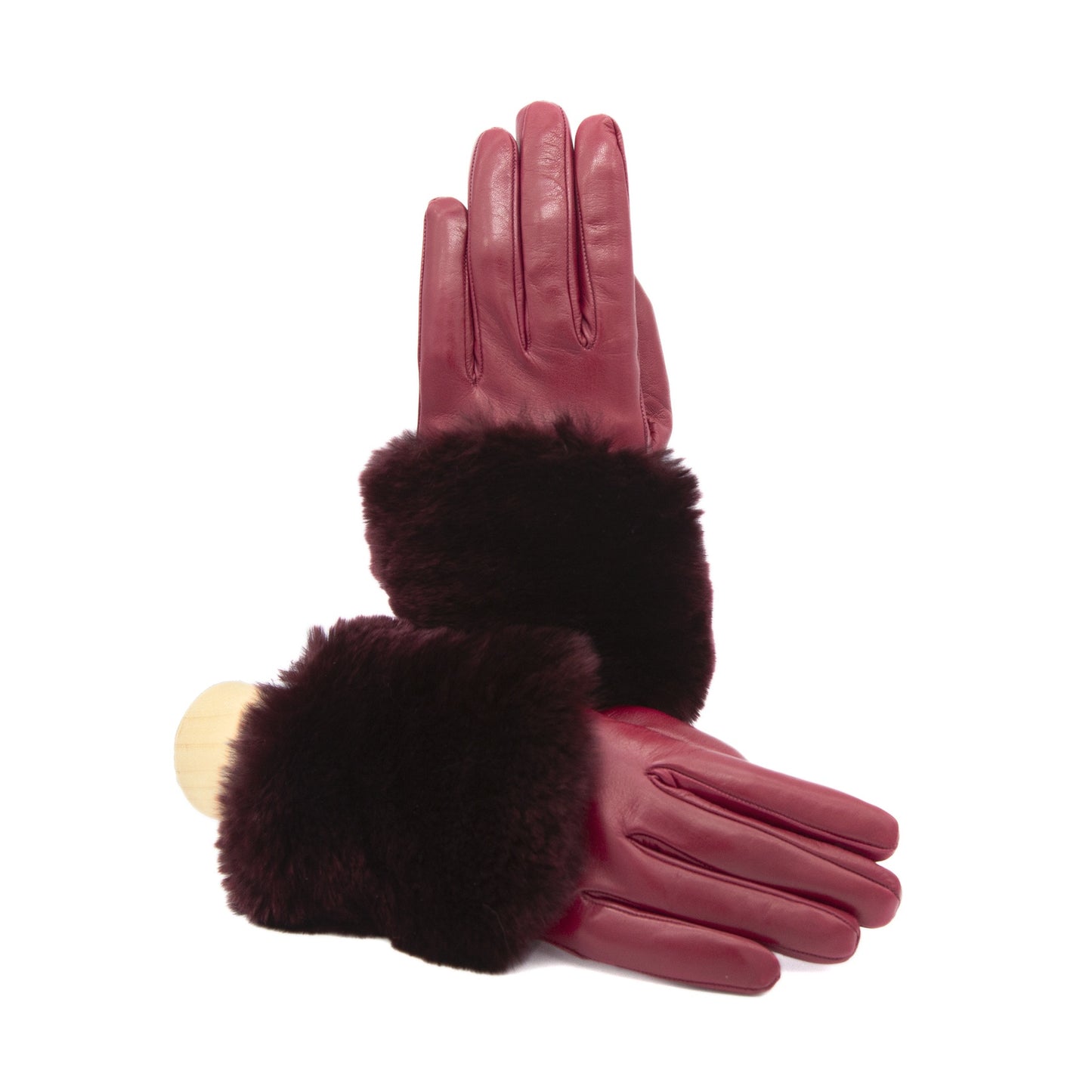 Women's rum nappa leather gloves with a wide real fur panel on the top and cashmere lined