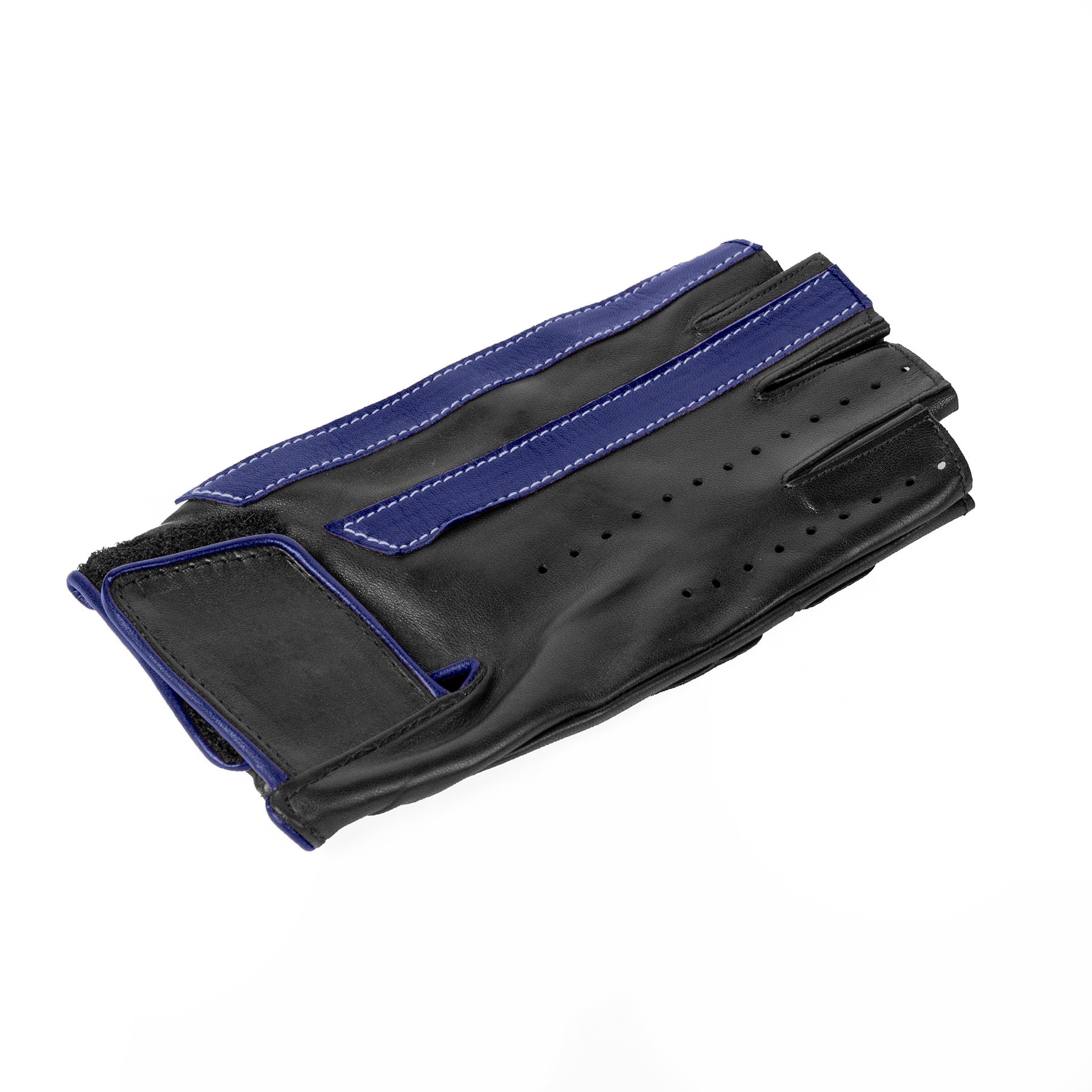 Men's unlined half fingers driving gloves in black nappa leather with blue leather strips