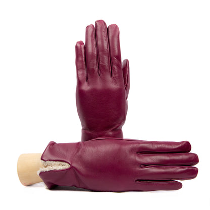 Women's plum nappa leather gloves with shearling cuff