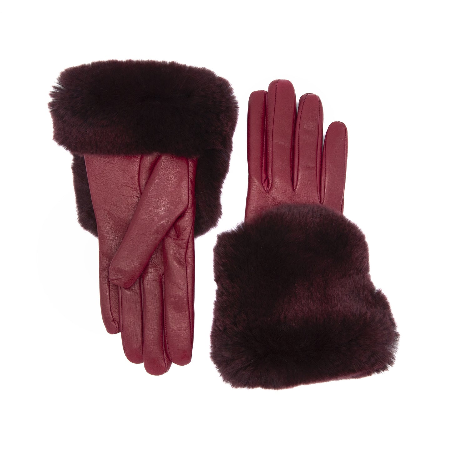 Women's rum nappa leather gloves with a wide real fur panel on the top and cashmere lined