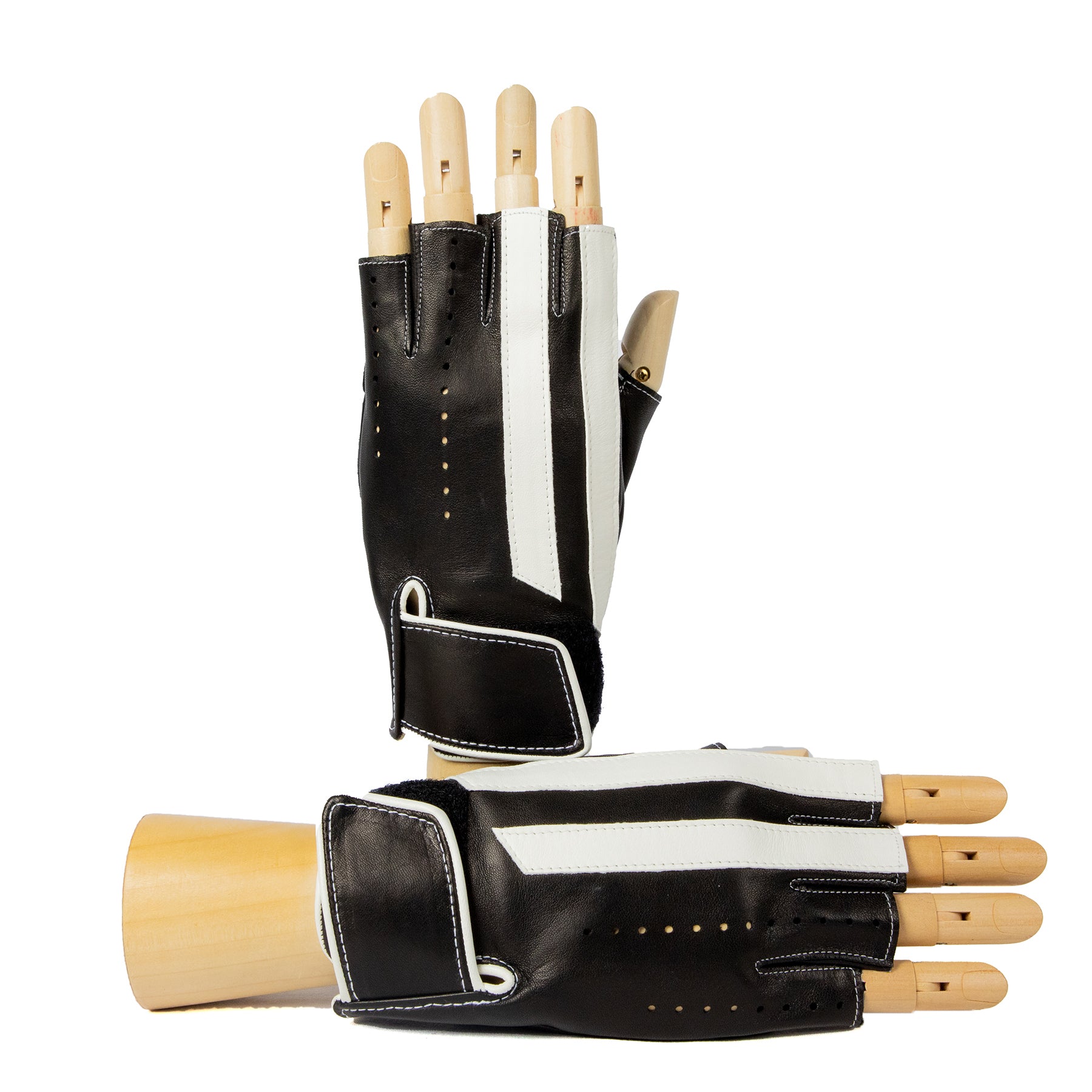 Men's unlined half fingers driving gloves in black nappa leather with white leather strips