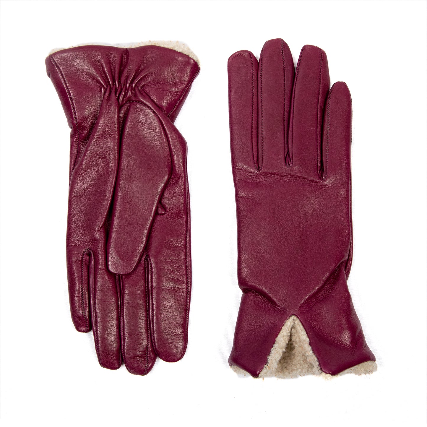 Women's plum nappa leather gloves with shearling cuff