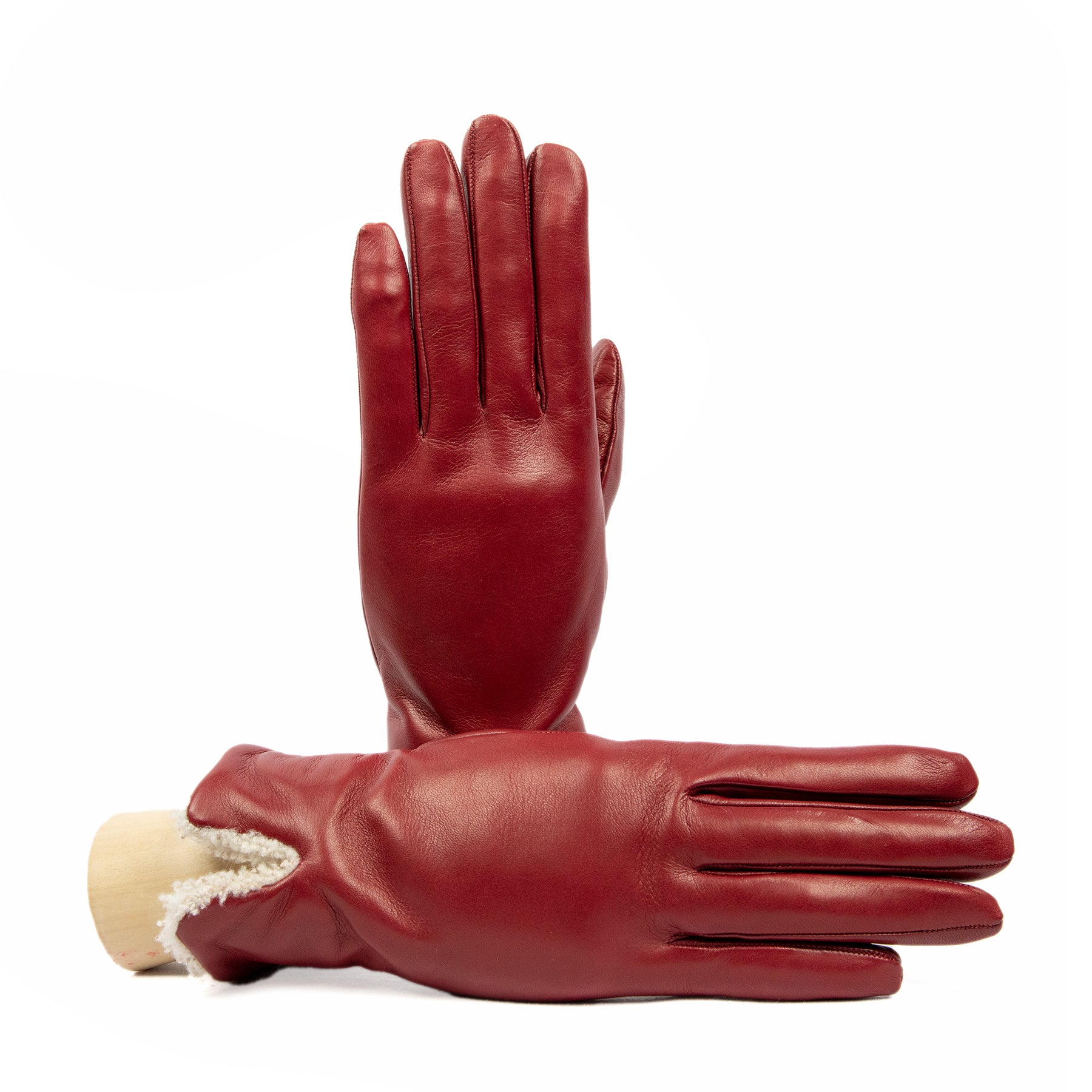 Women's burgundy nappa leather gloves with shearling cuff