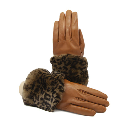 Women's camel nappa leather gloves with a printed leo wide real fur panel on the top and cashmere lined