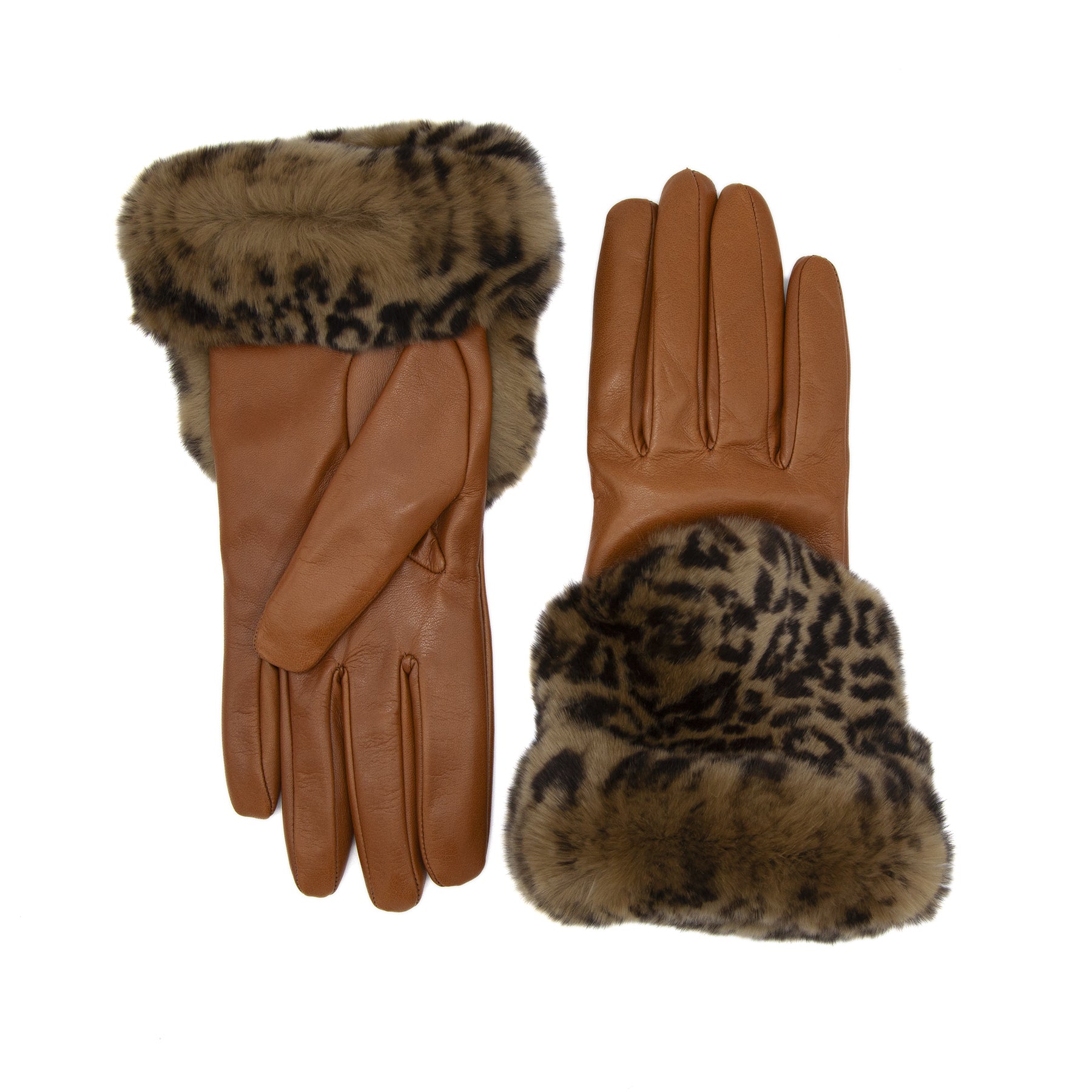 Women's camel nappa leather gloves with a printed leo wide real fur panel on the top and cashmere lined
