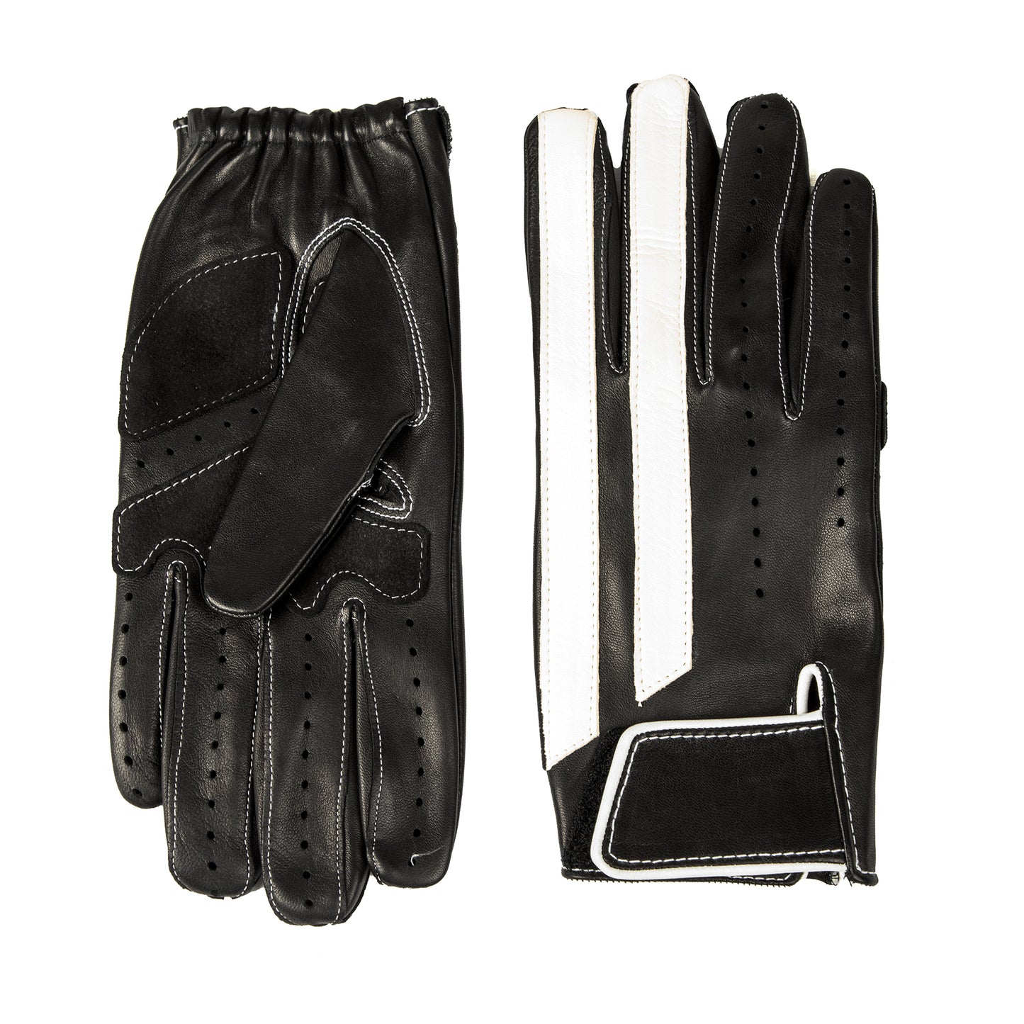 Men's unlined driving gloves in black nappa leather with white leather strips