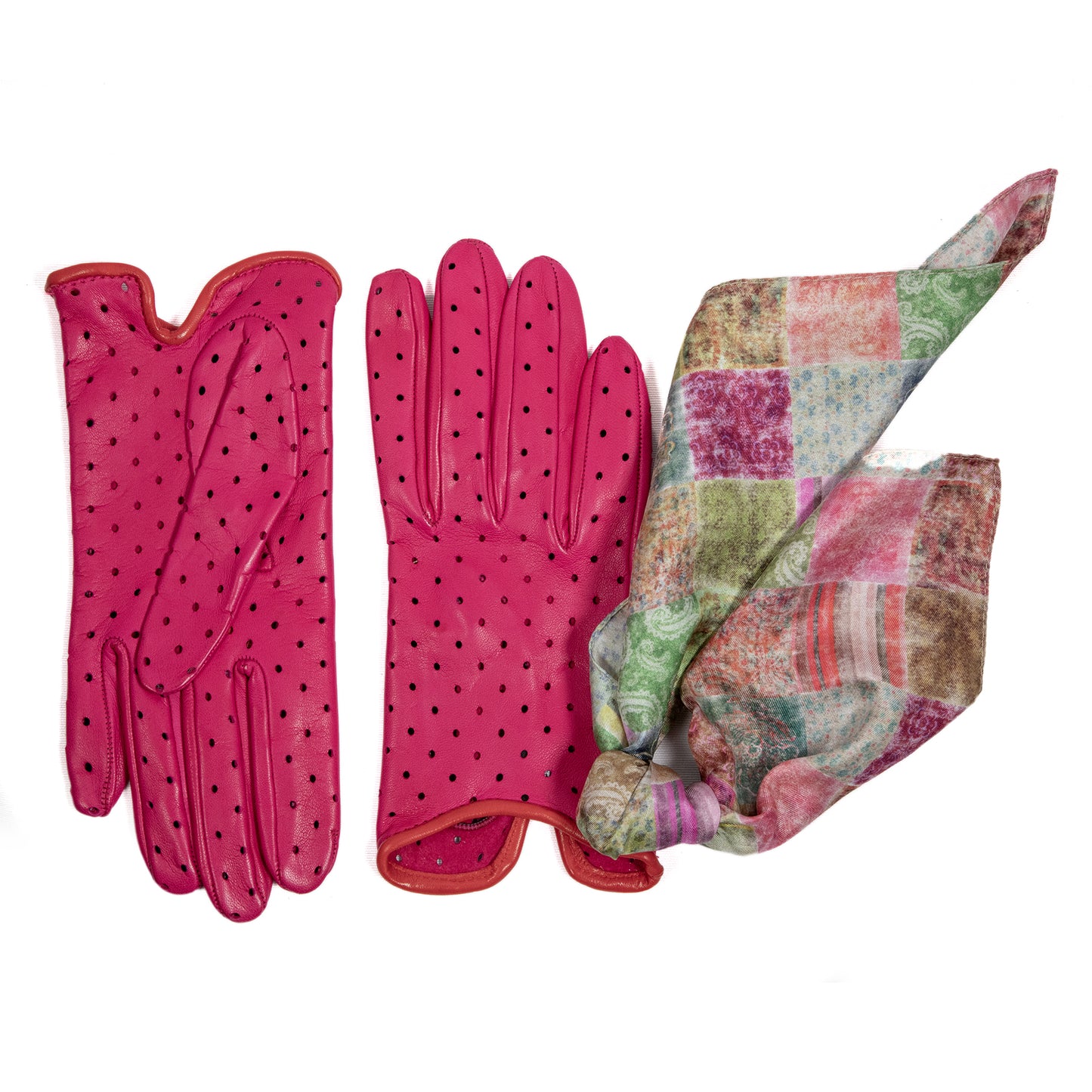 Women's unlined fucsia nappa leather gloves with perforated pois detail