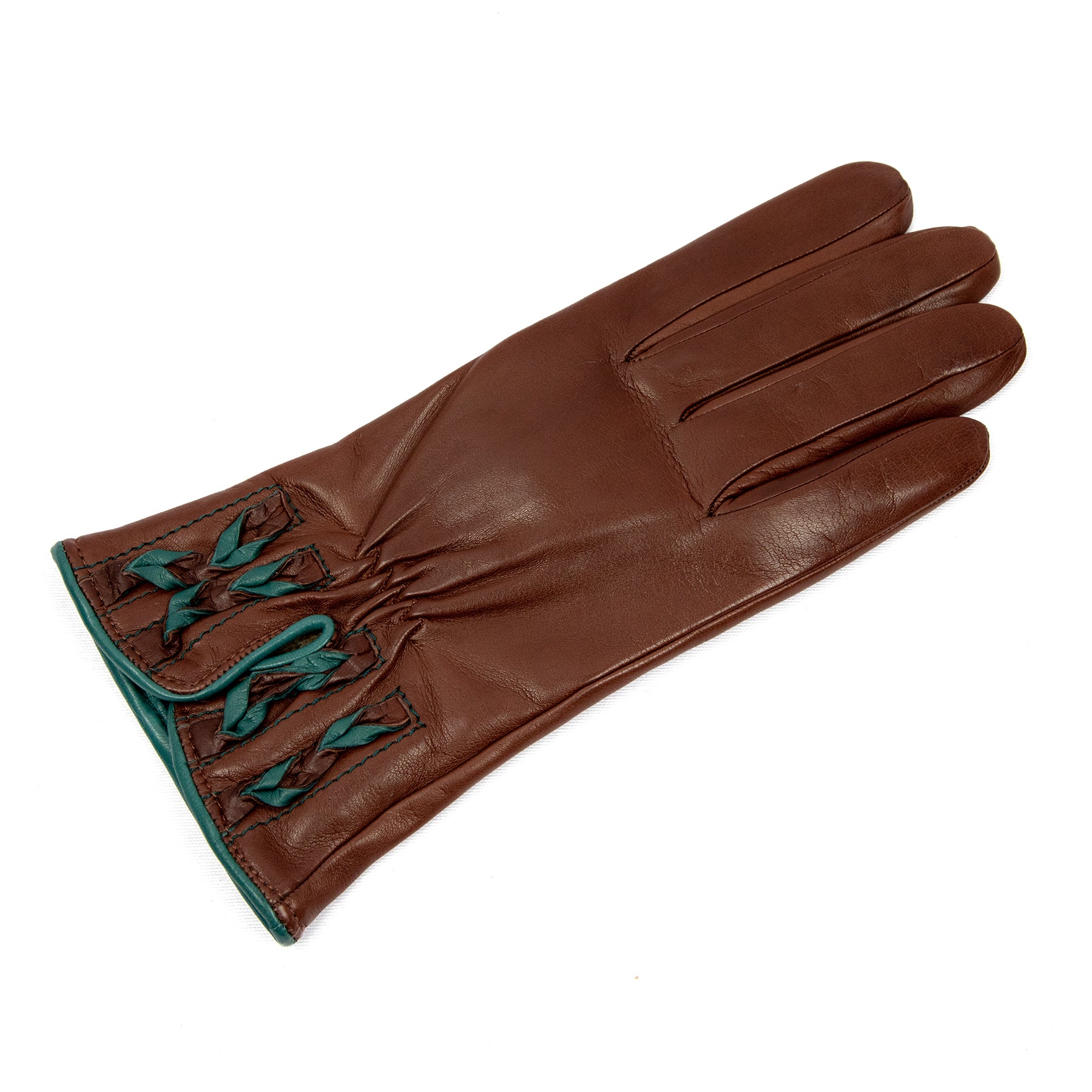 Woman's brown nappa leather gloves and bicolour braided cuff