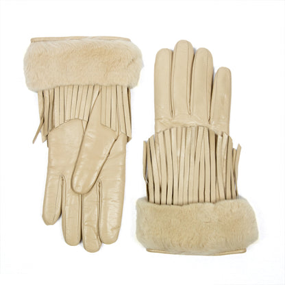 Women's alpaca nappa leather gloves with fringe details and natural fur