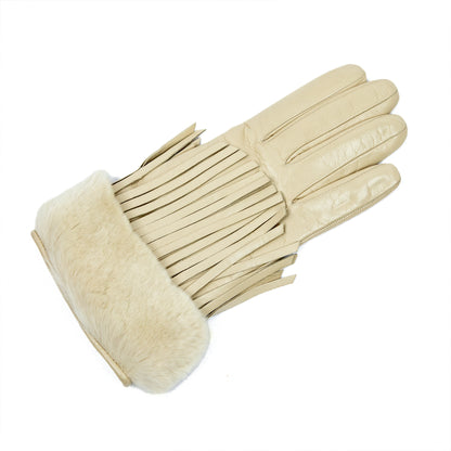 Women's alpaca nappa leather gloves with fringe details and natural fur