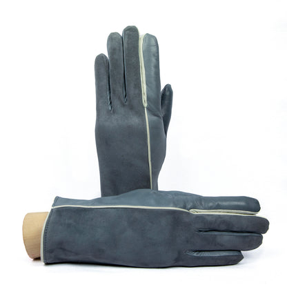 Women's grey nappa and suede leather gloves and cashmere lining