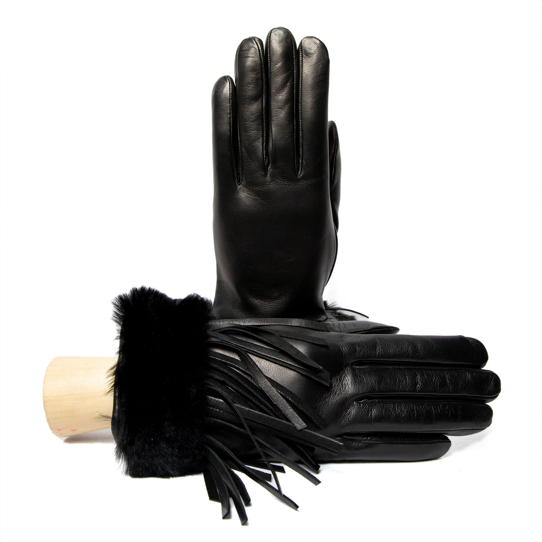 Damen schwarze Nappa-Lederhandschuhe mit Fransen und Naturfell