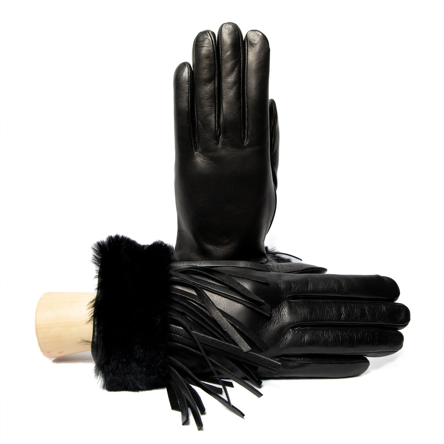 Women's black nappa leather gloves with fringe details and natural fur