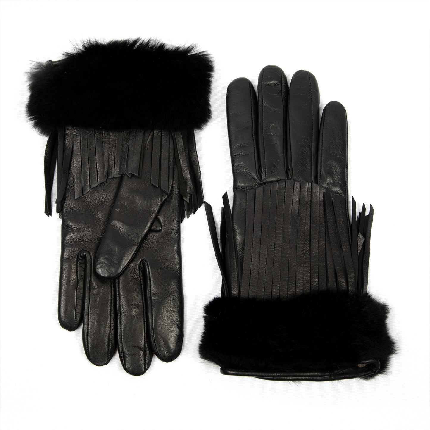 Women's black nappa leather gloves with fringe details and natural fur