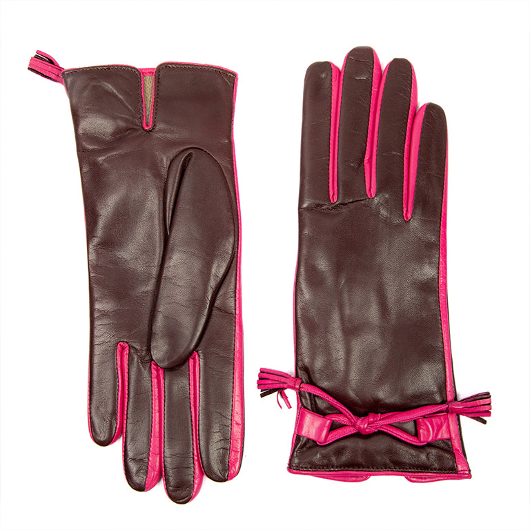 Women's burgundy nappa leather gloves with leather bow