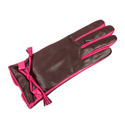 Women's burgundy nappa leather gloves with leather bow