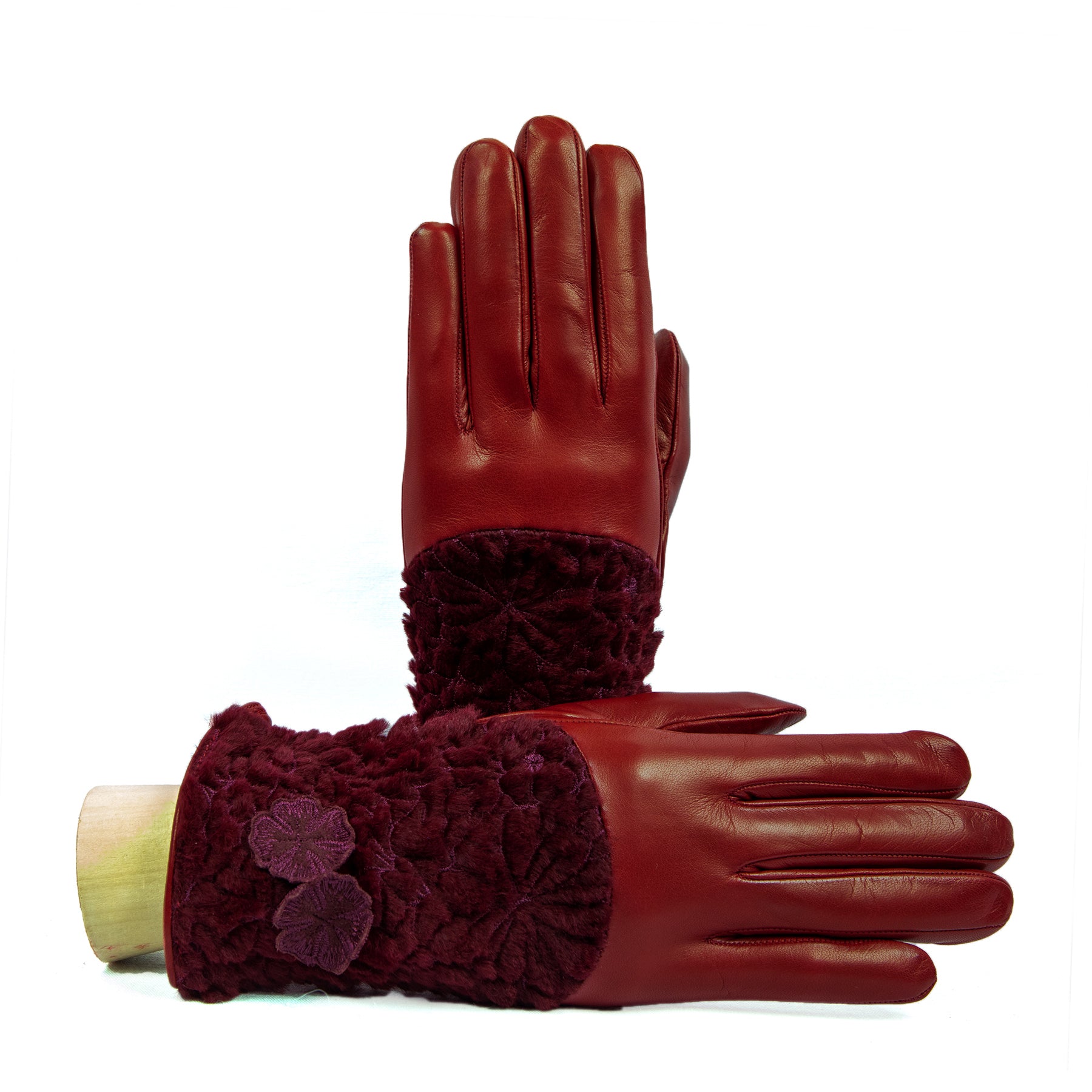Women's burgundy nappa leather gloves with floral embroidered fur on top