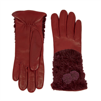 Women's burgundy nappa leather gloves with floral embroidered fur on top