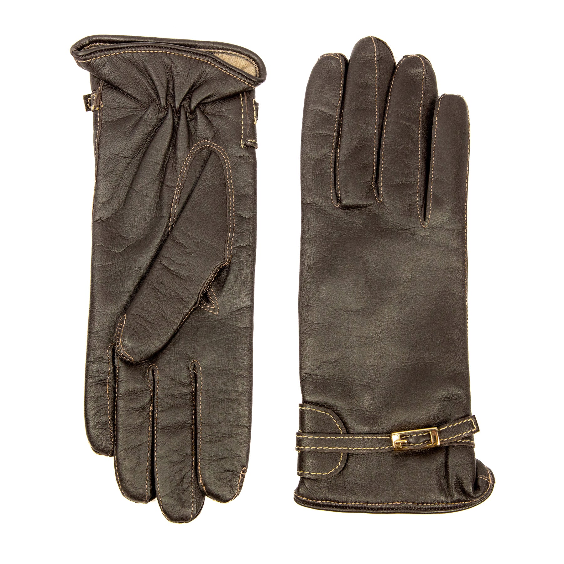 Women's brown nappa touch leather gloves with strap and contrast stitching