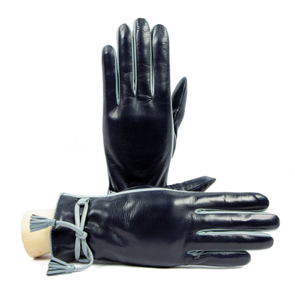 Women's blue nappa leather gloves with leather bow
