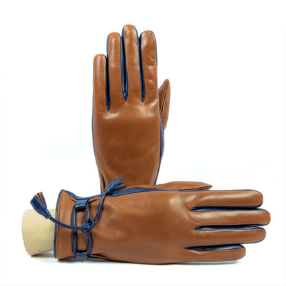 Women's camel nappa leather gloves with leather bow