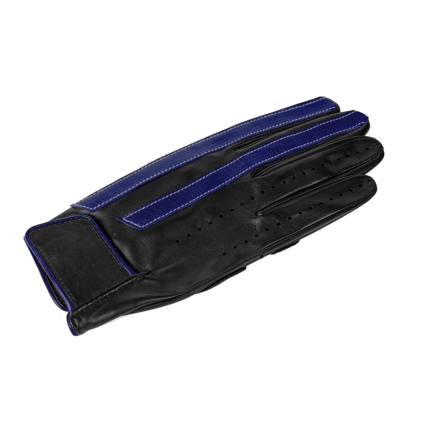 Men's unlined driving gloves in black nappa leather with blue leather strips