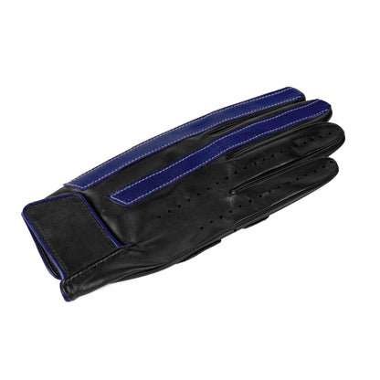 Men's unlined driving gloves in black nappa leather with blue leather strips