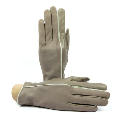Women's taupe nappa and suede leather gloves and cashmere lining