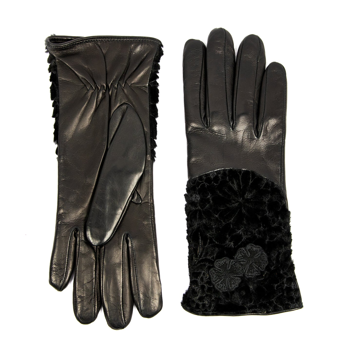 Women's black nappa leather gloves with floral embroidered fur on top