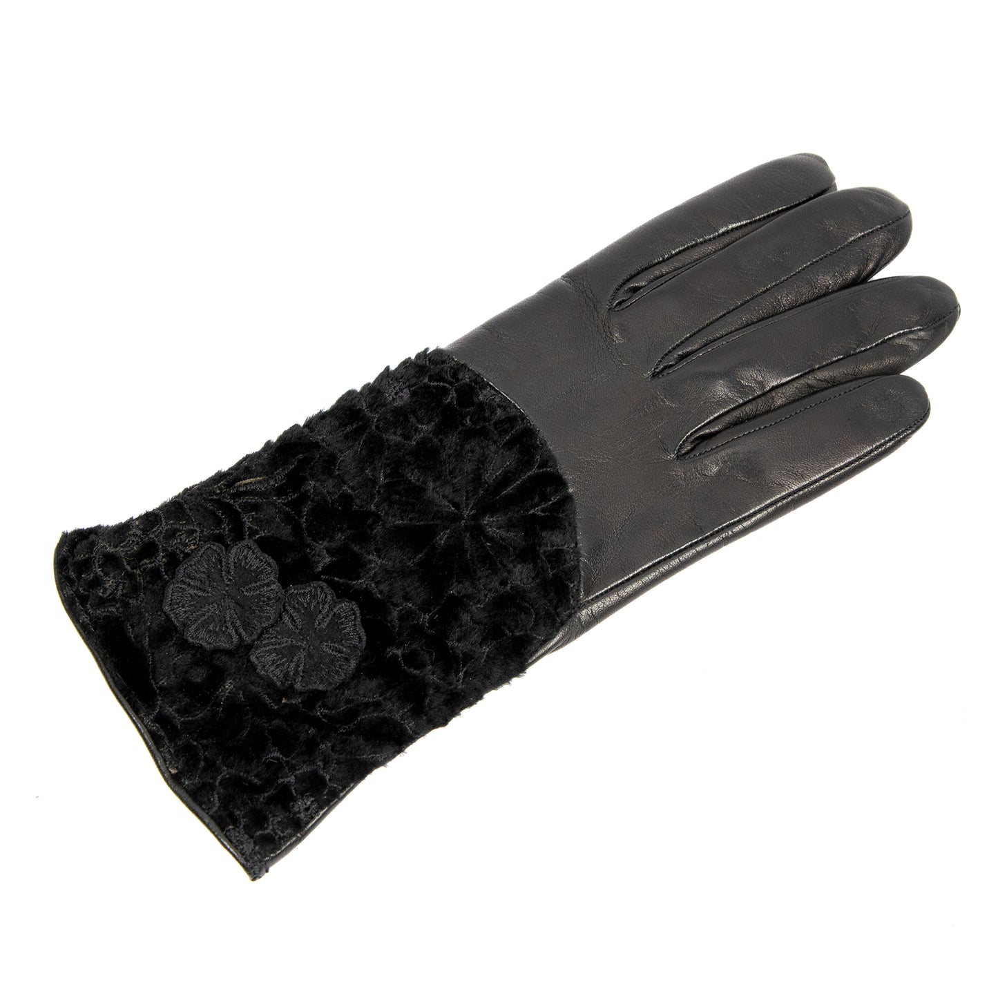 Women's black nappa leather gloves with floral embroidered fur on top