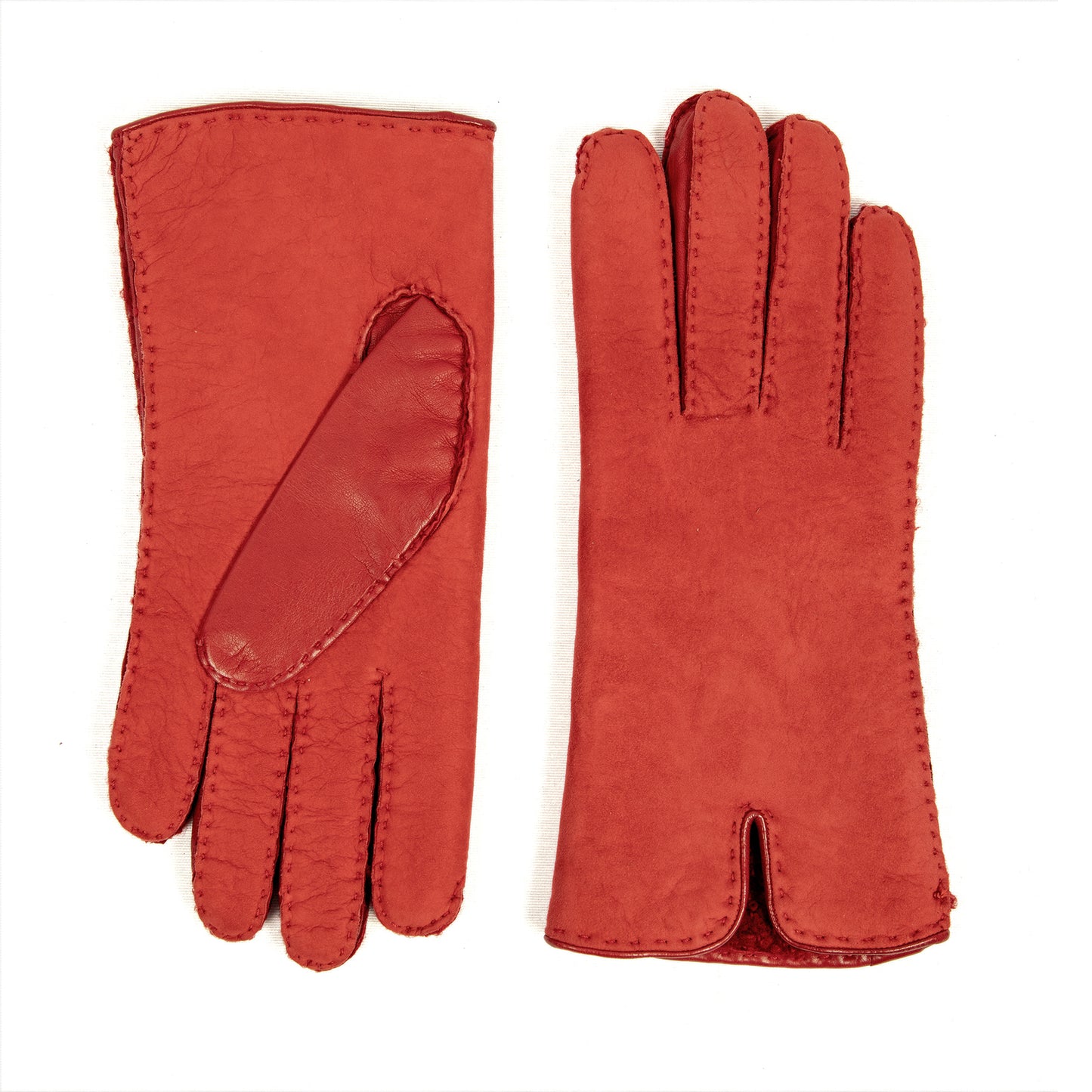 Women's red curly lambskin gloves with with nappa leather piping detail