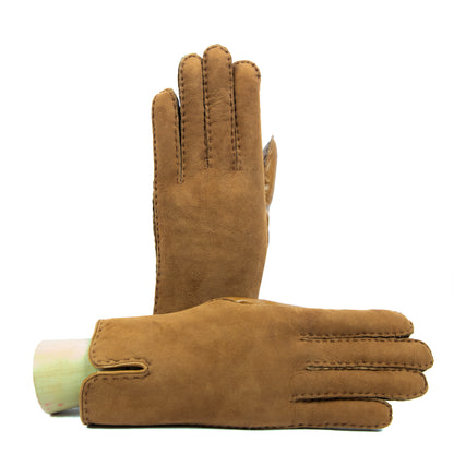 Women's tobacco curly lambskin gloves with with nappa leather piping detail